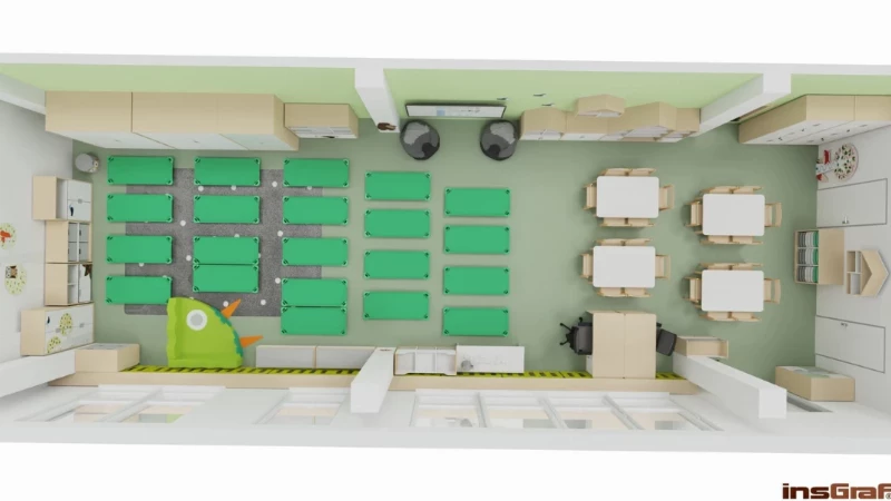 Mateřská škola – herna v úzké místnosti 15x5 m, s interaktivním monitorem