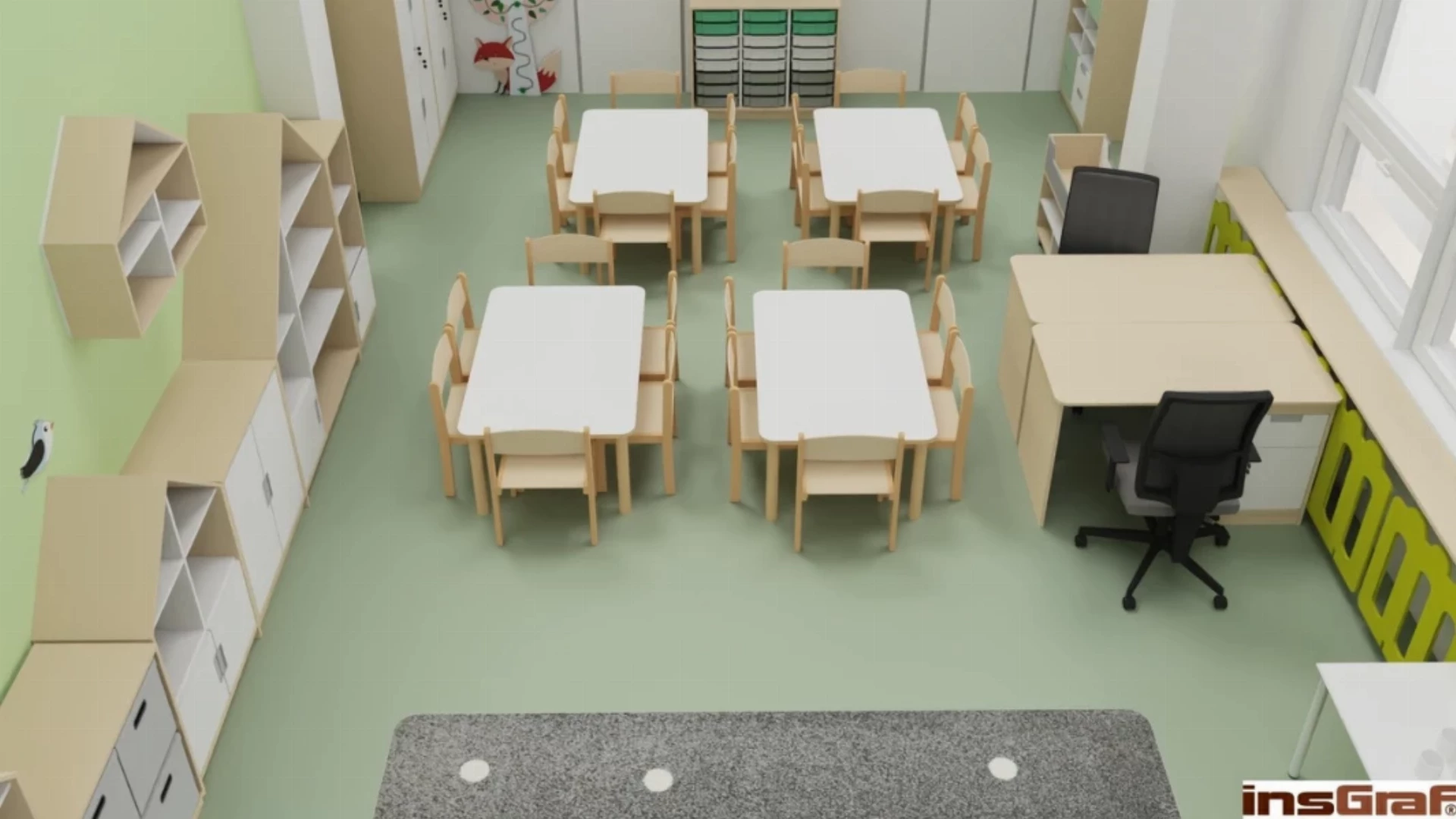 Mateřská škola – herna v úzké místnosti 15x5 m, s interaktivním monitorem