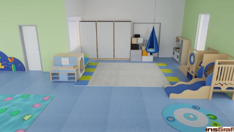Dětská skupina – herna v tématice VODA, 9x12 m, s Kouzelným kobercem (projektor na stropě)