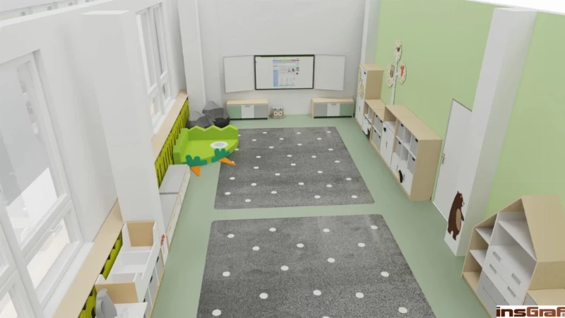 Mateřská škola – herna v úzké místnosti 15x5 m, s interaktivním monitorem