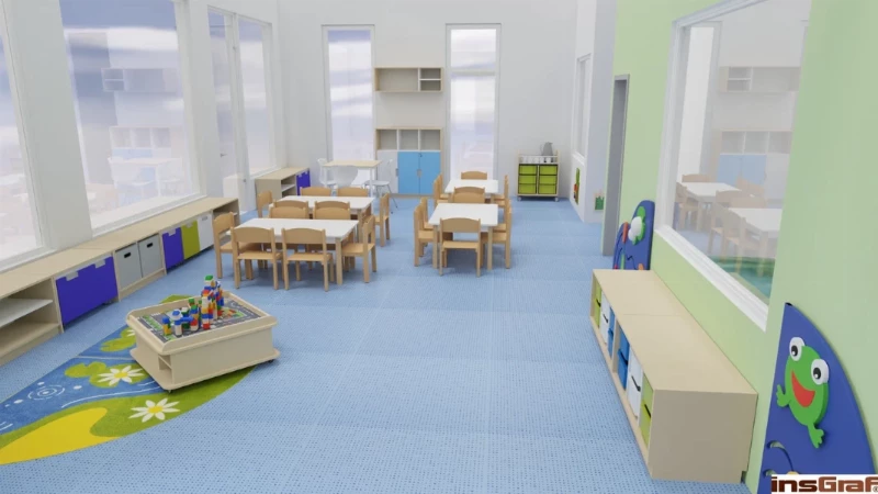 Dětská skupina – herna v tématice VODA, 9x12 m, s Kouzelným kobercem (projektor na stropě)