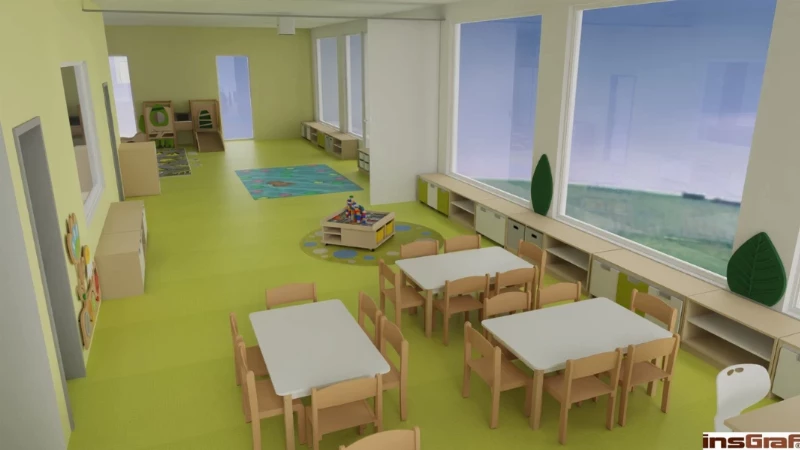 Dětská skupina – herna v tematice LOUKA, 9x12 m, s Kouzelný kobercem (projektor na stropě)